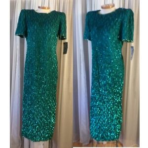 NWT Lady XL Silk Teal Long Gown Sequins Bead Dress